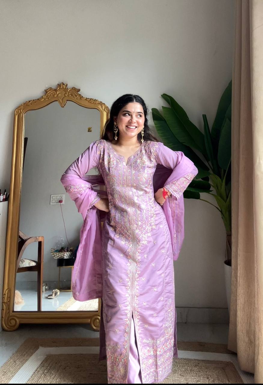 Light purple roman silk sequence embroidery work kurti-palazzo and dupatta set