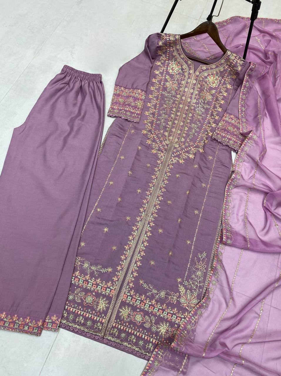 Light purple roman silk sequence embroidery work kurti-palazzo and dupatta set