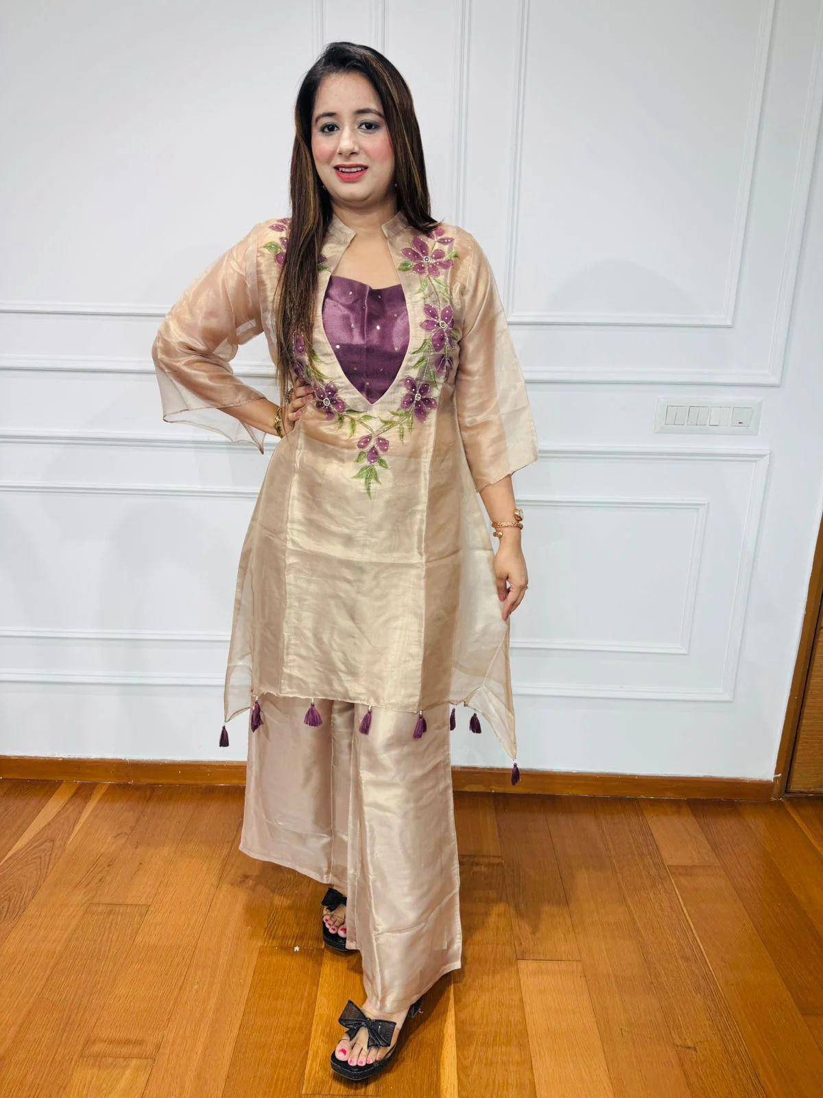 Ivory organza sequence embroidery work kurti-blouse and pant set