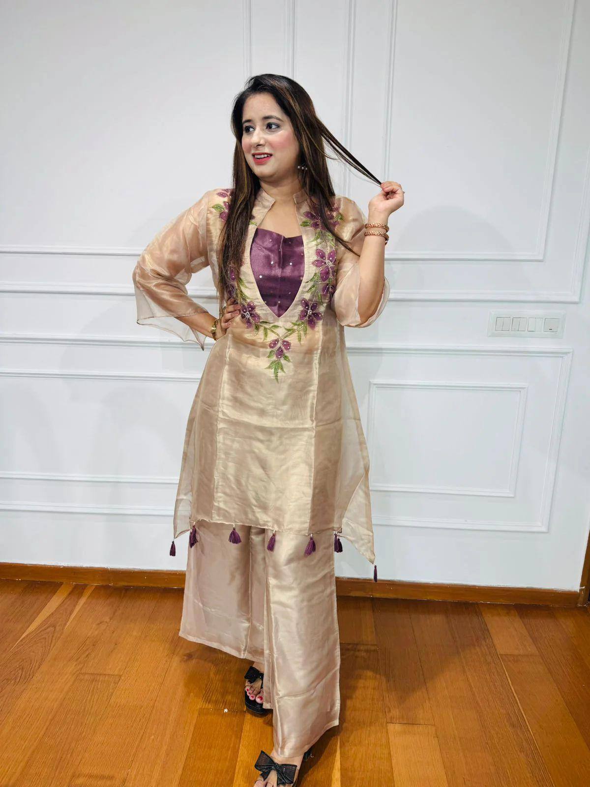 Ivory organza sequence embroidery work kurti-blouse and pant set