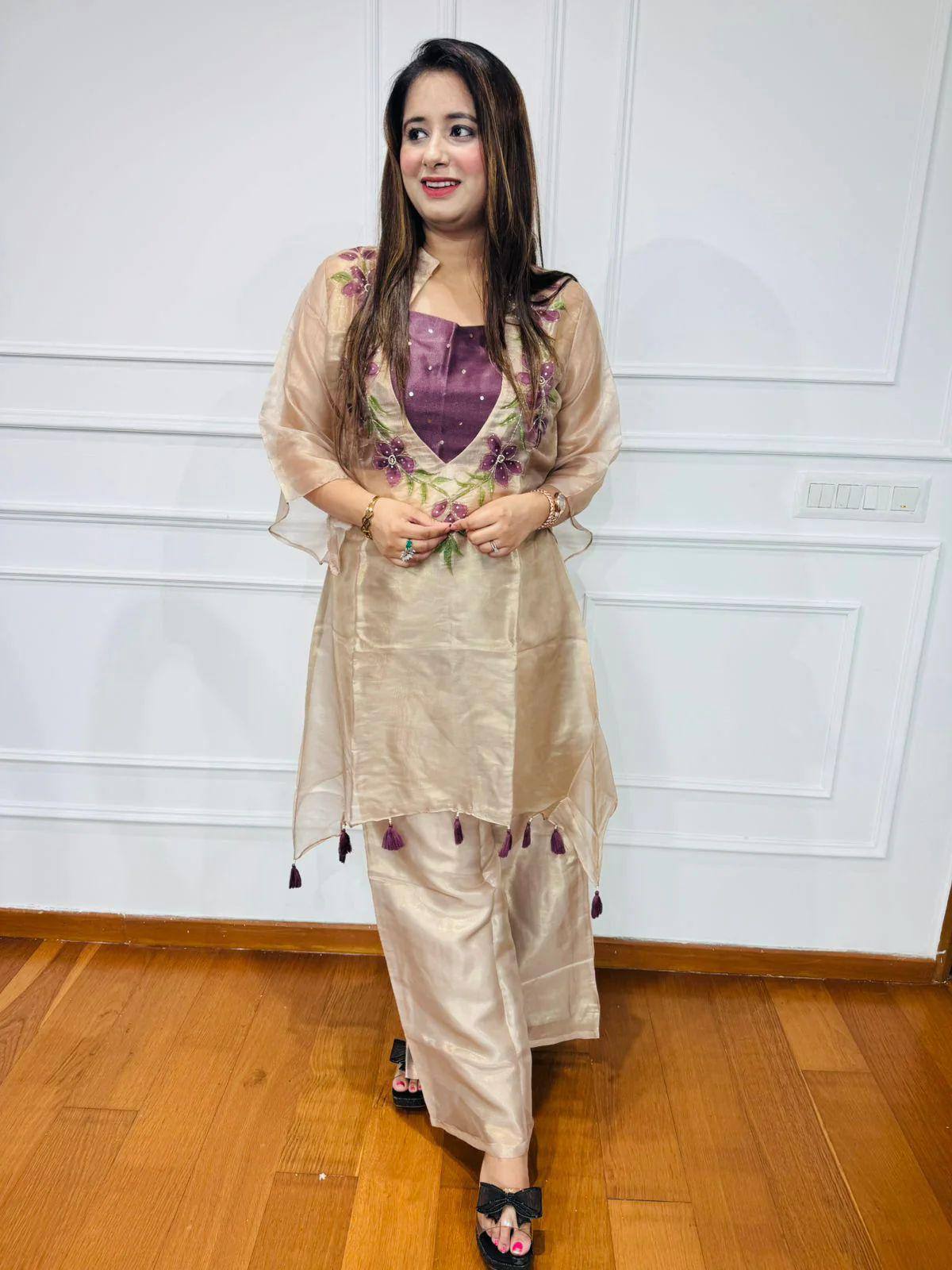 Ivory organza sequence embroidery work kurti-blouse and pant set