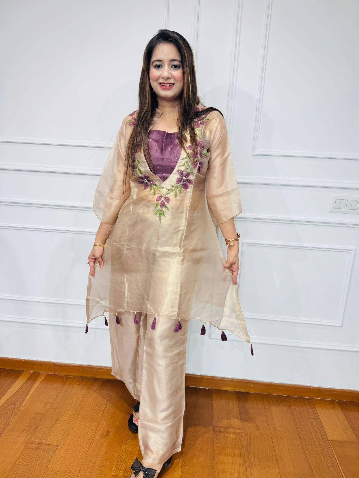 Ivory organza sequence embroidery work kurti-blouse and pant set