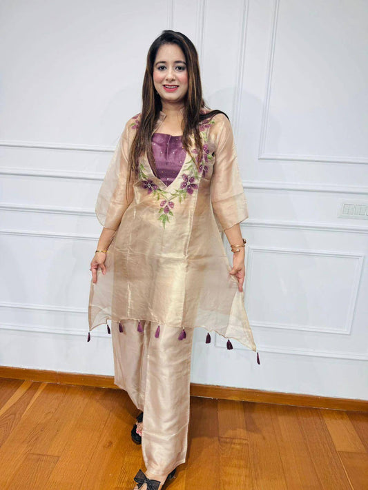 Ivory organza sequence embroidery work kurti-blouse and pant set