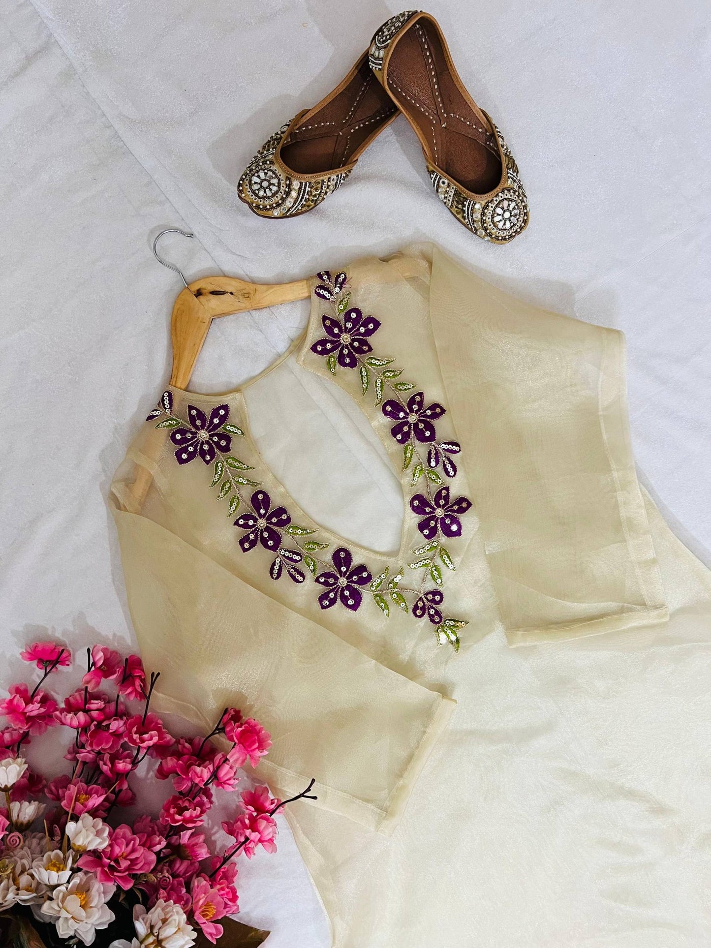 Ivory organza sequence embroidery work kurti-blouse and pant set