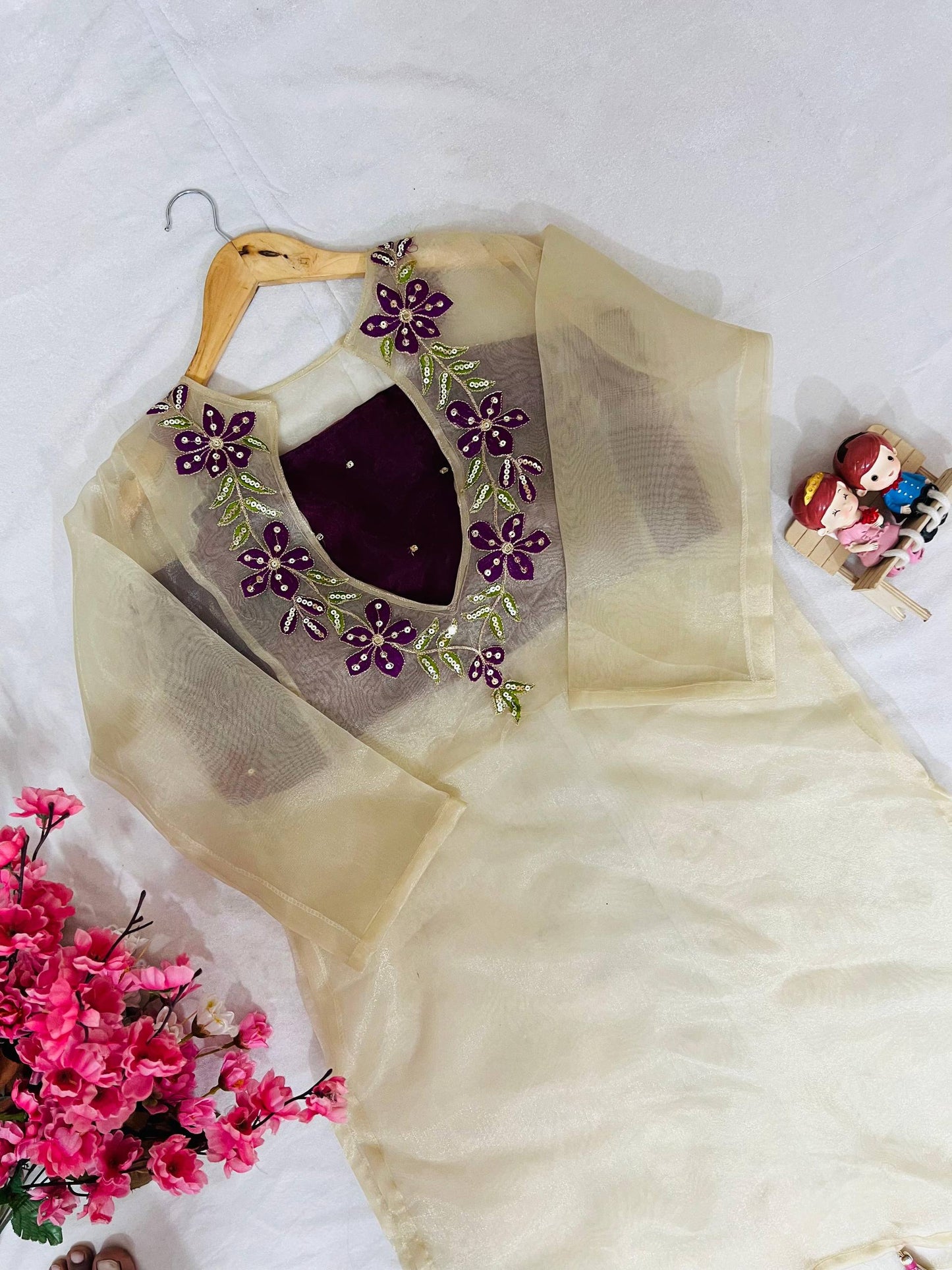 Ivory organza sequence embroidery work kurti-blouse and pant set