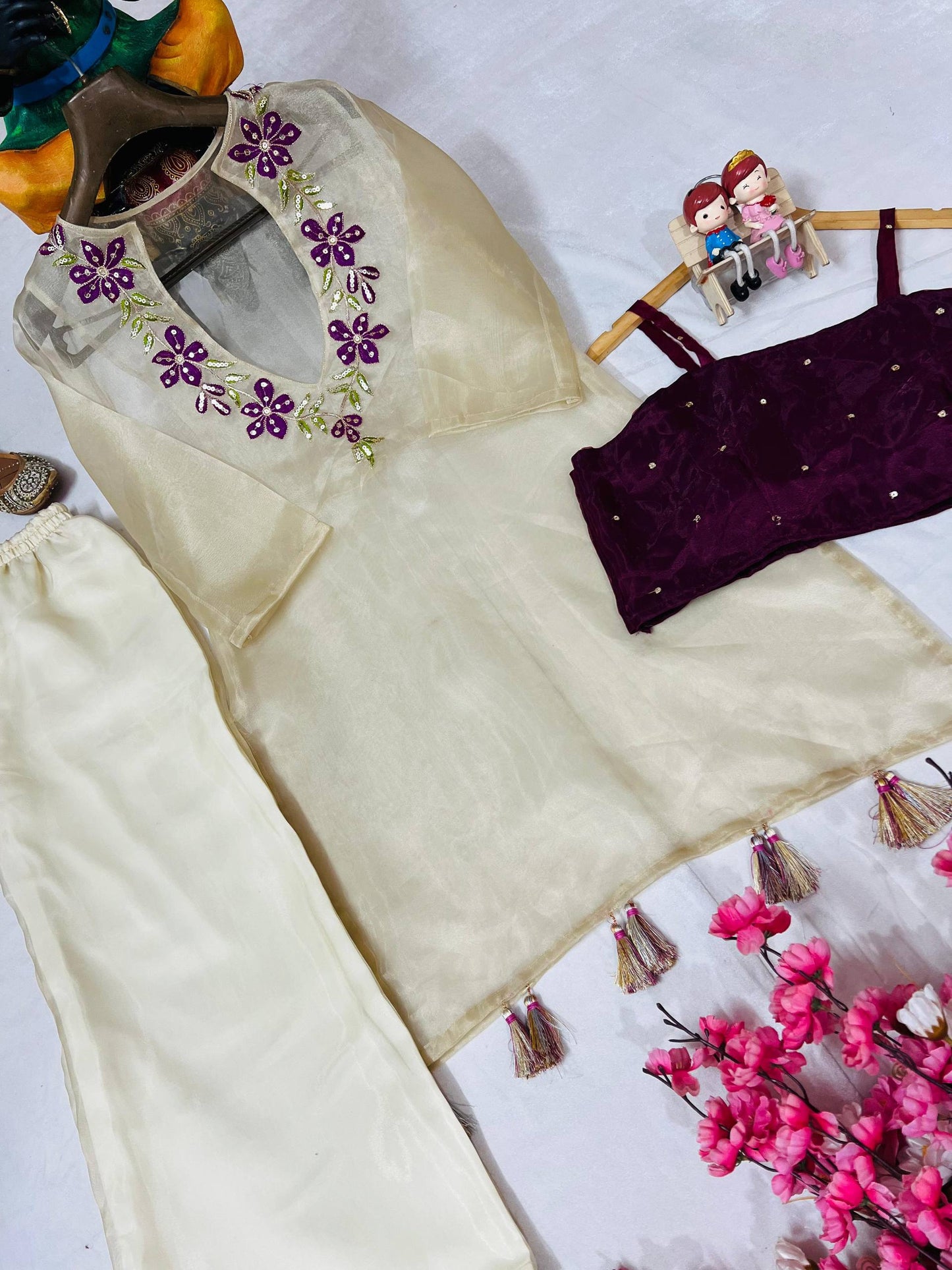Ivory organza sequence embroidery work kurti-blouse and pant set