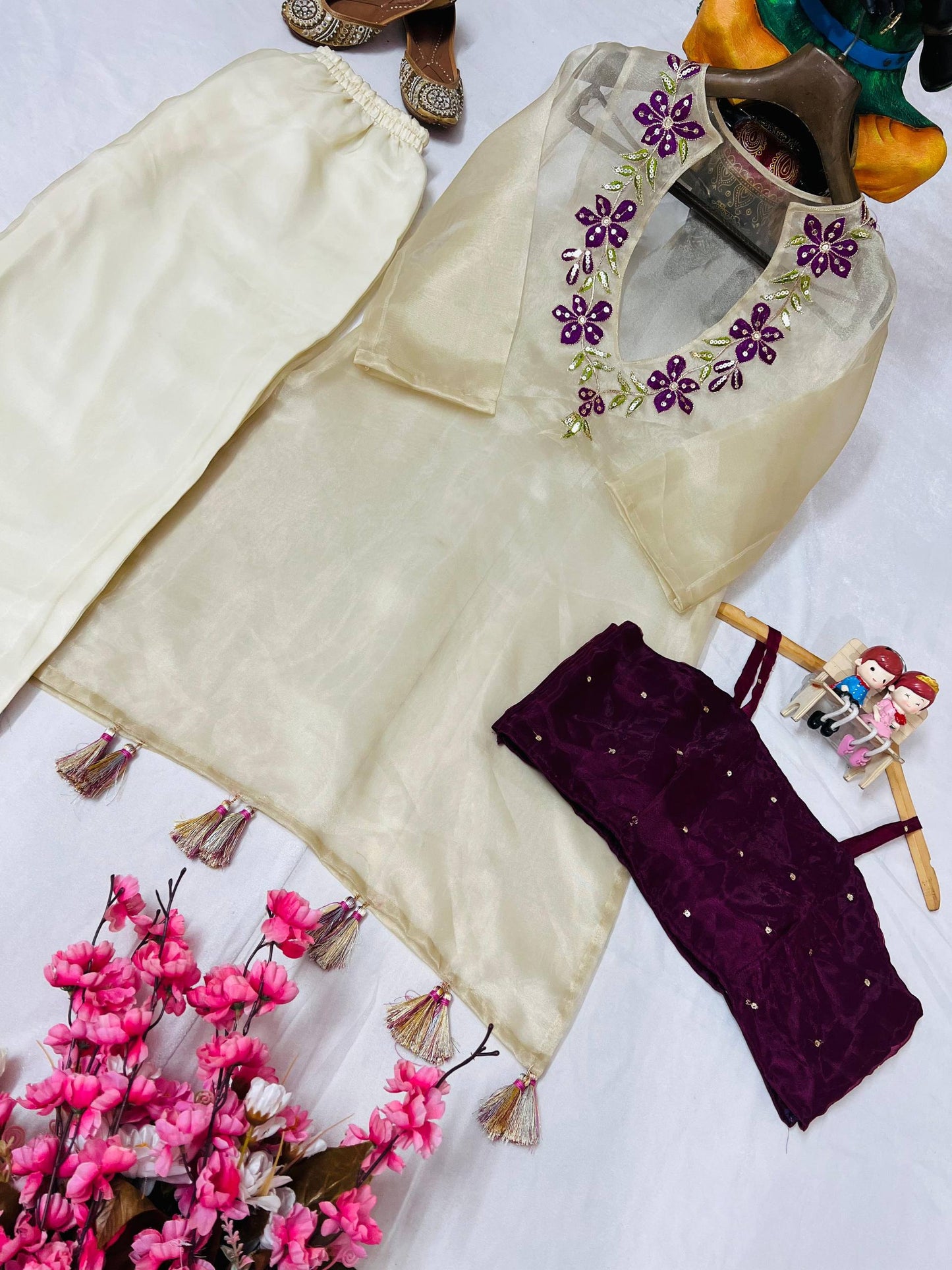 Ivory organza sequence embroidery work kurti-blouse and pant set