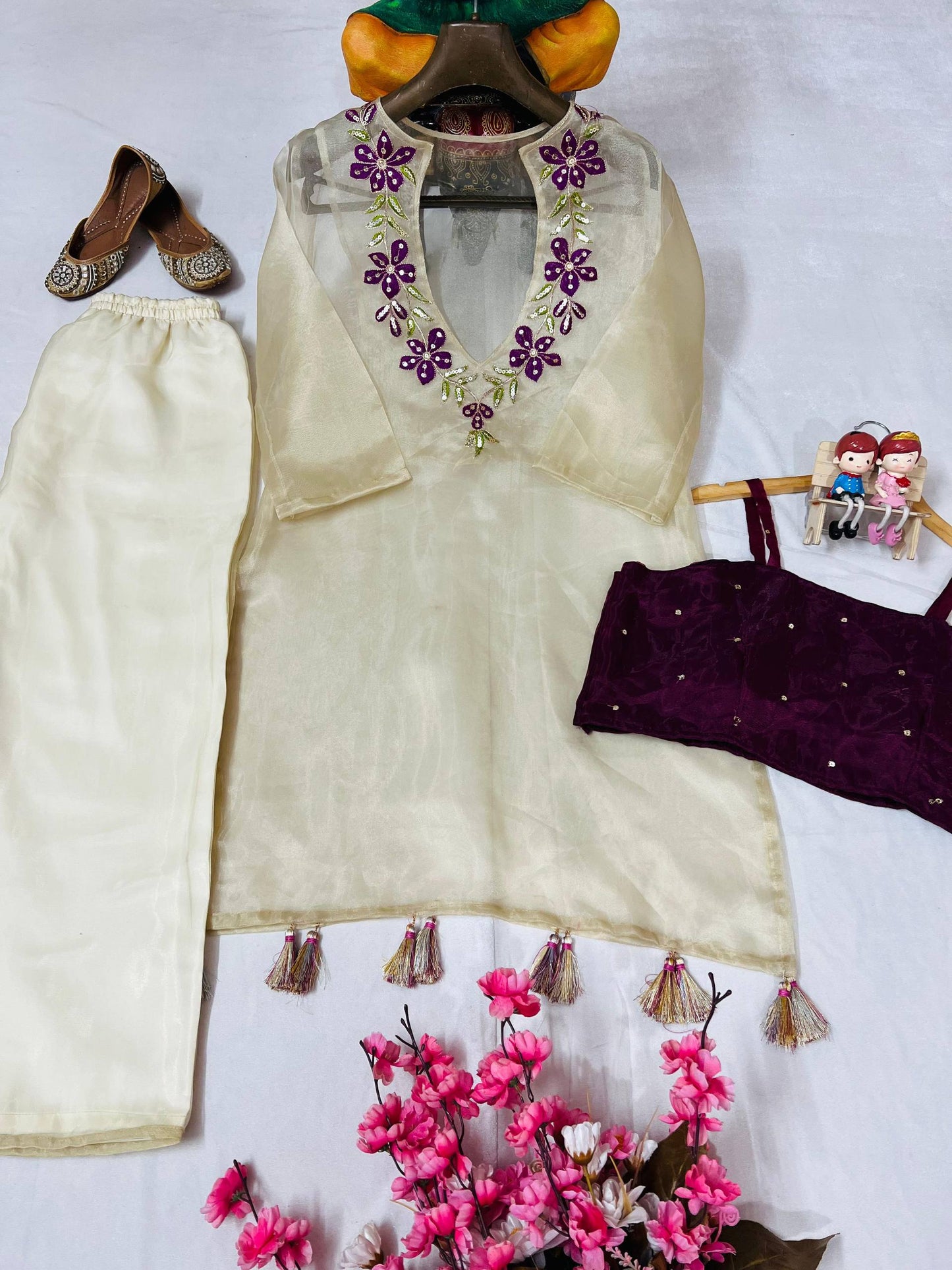 Ivory organza sequence embroidery work kurti-blouse and pant set