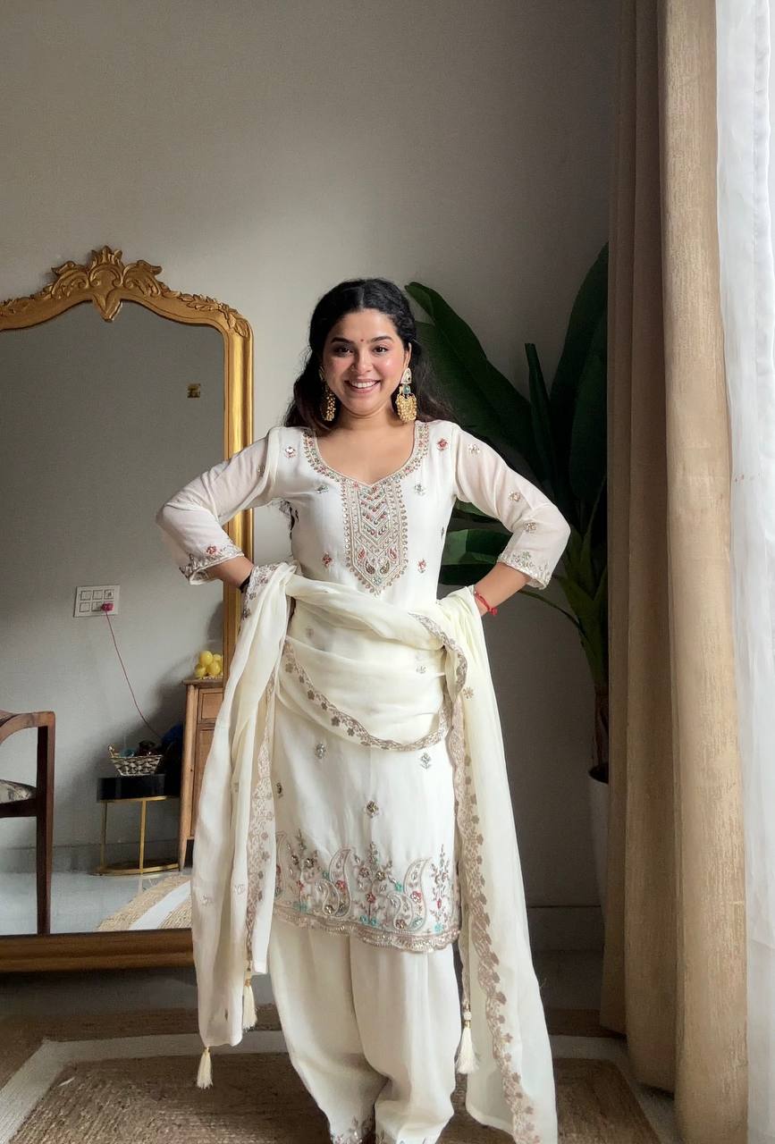 White chinon sequence embroidery work kurti salwar and dupatta
