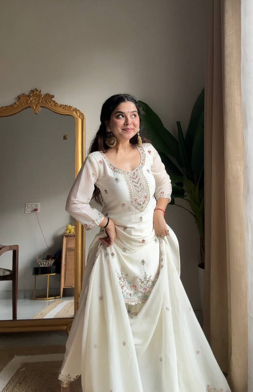 White chinon sequence embroidery work kurti salwar and dupatta