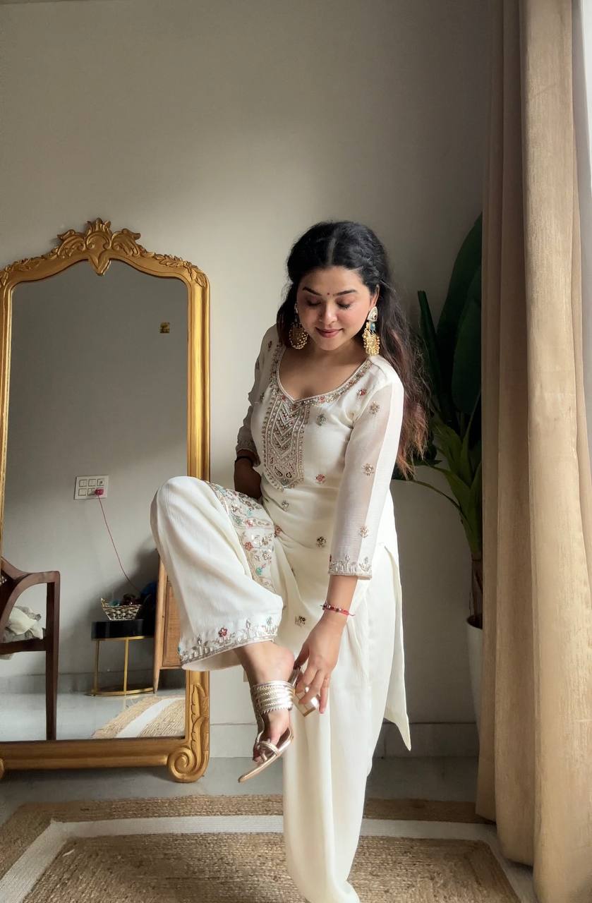 White chinon sequence embroidery work kurti salwar and dupatta