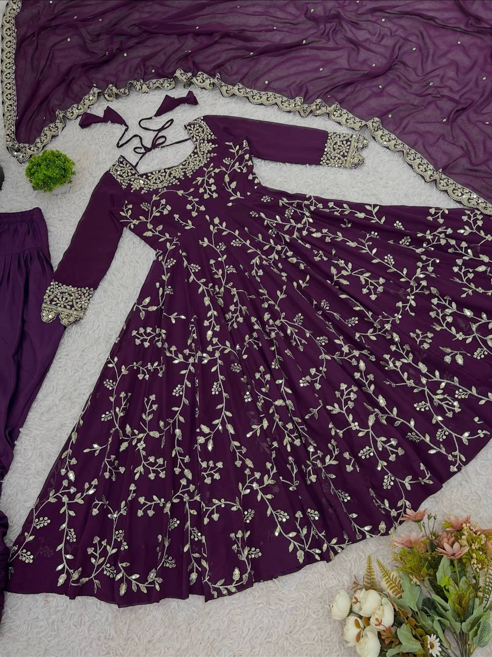 Purple georgette with embroidery sequence work women’s ethnic anarkali gown