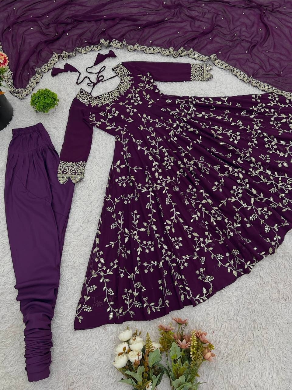 Purple georgette with embroidery sequence work women’s ethnic anarkali gown