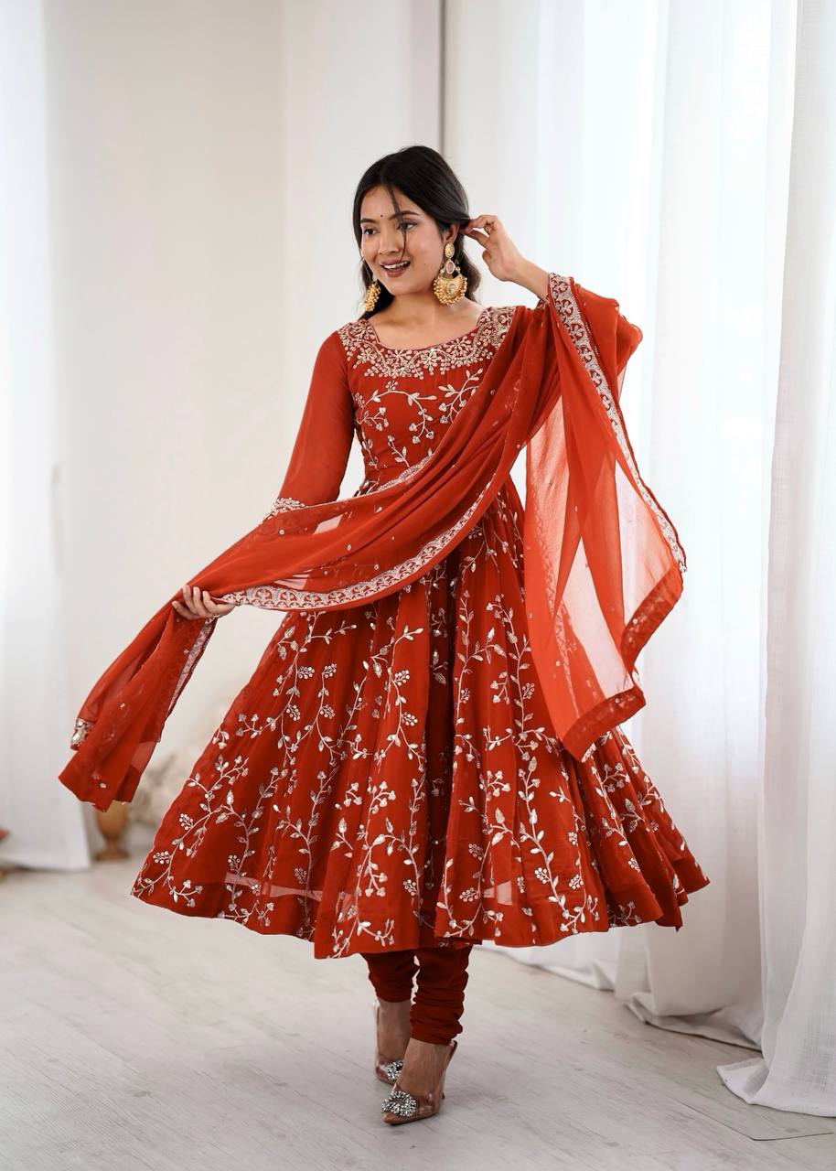 Orange georgette with embroidery sequence work women’s ethnic anarkali gown