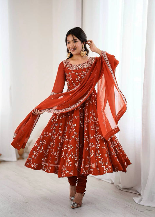 Orange georgette with embroidery sequence work women’s ethnic anarkali gown