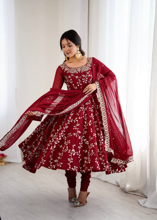 Red georgette with embroidery sequence work women’s ethnic anarkali gown
