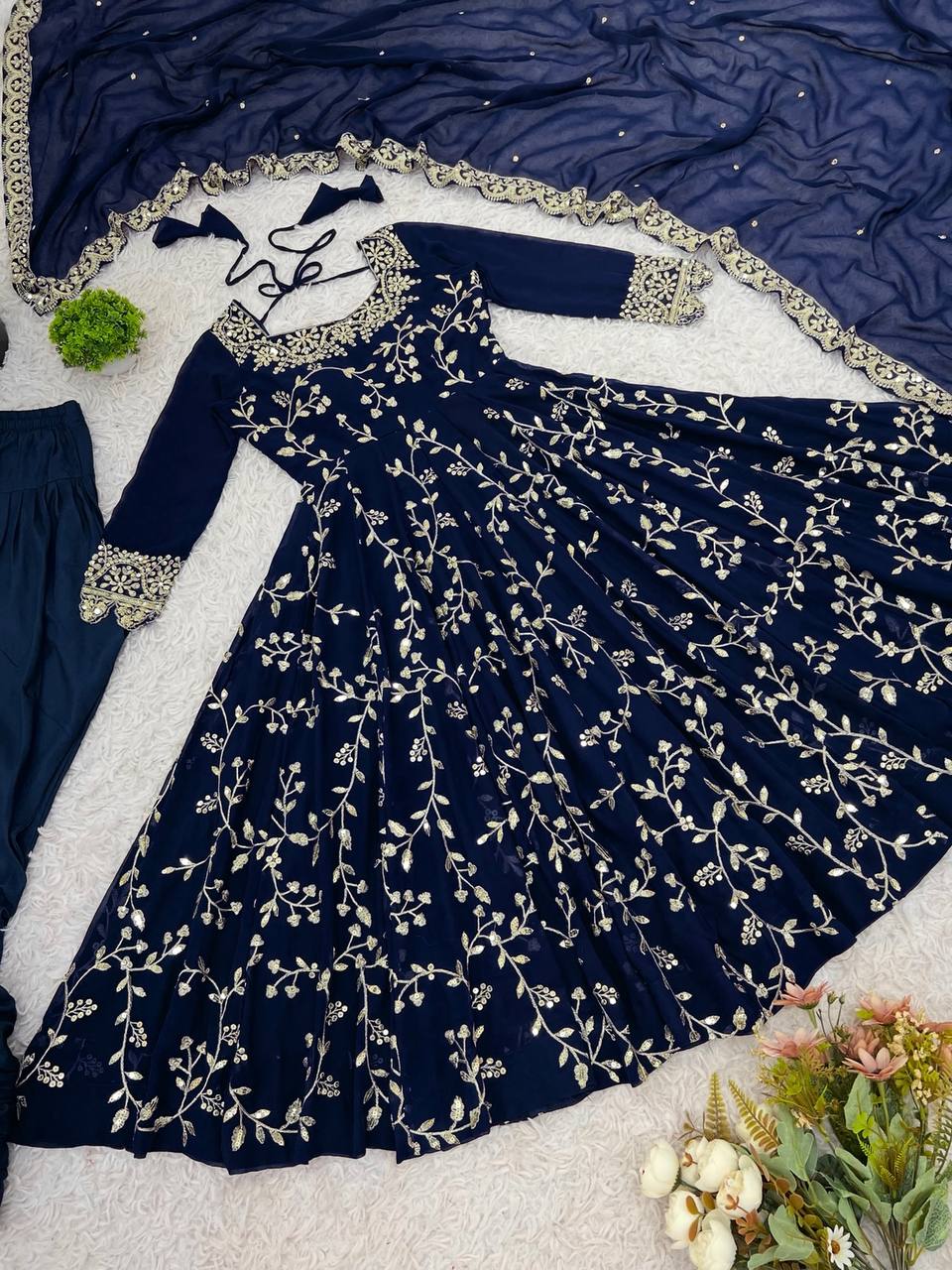 Navy Blue georgette with embroidery sequence work women’s ethnic anarkali gown