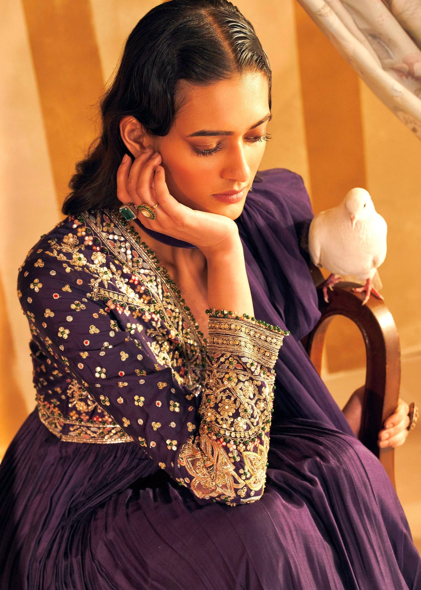 Purple chinon silk zari embroidery work gown and dupatta