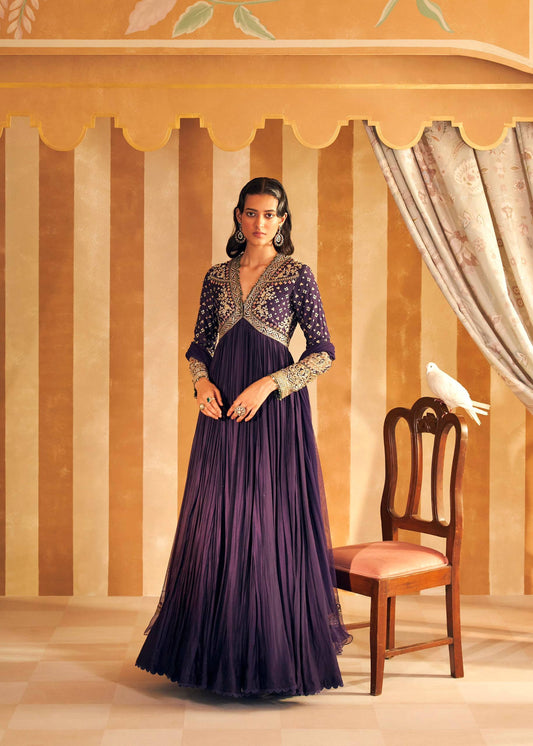 Purple chinon silk zari embroidery work gown and dupatta