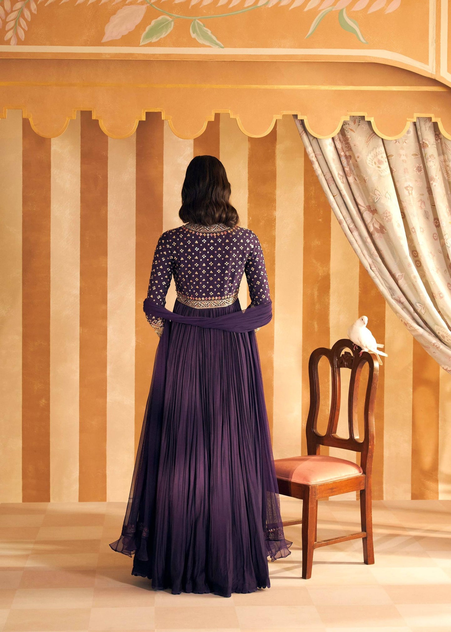 Purple chinon silk zari embroidery work gown and dupatta