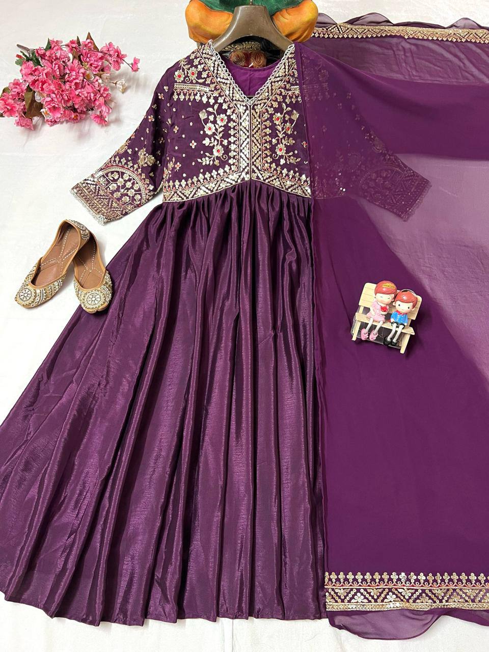 Purple chinon silk zari embroidery work gown and dupatta