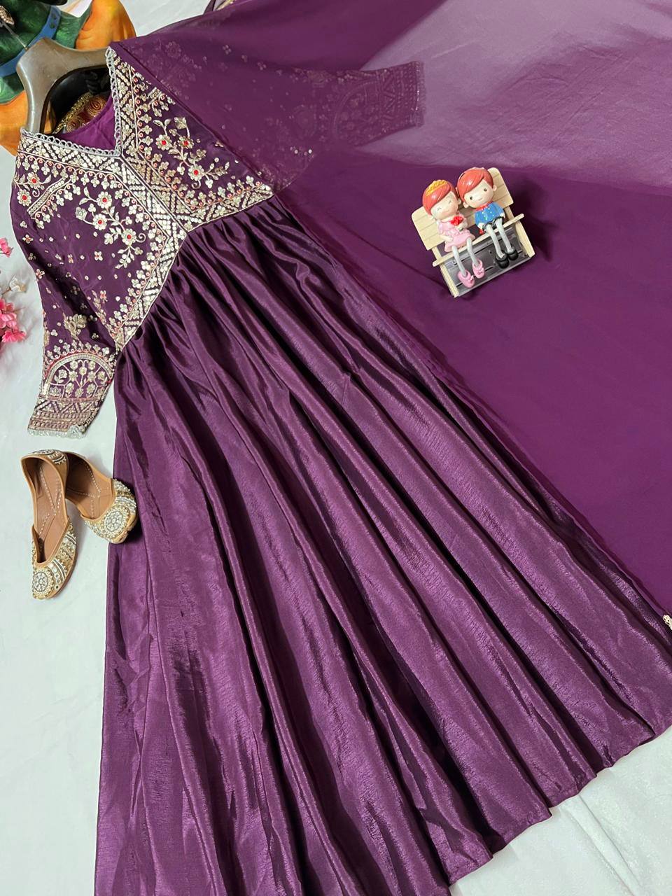 Purple chinon silk zari embroidery work gown and dupatta