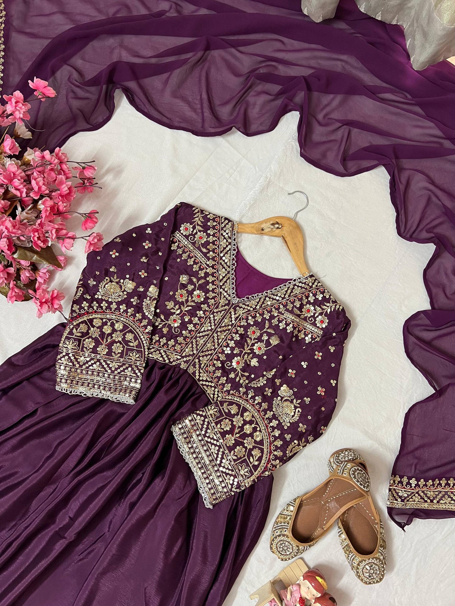 Purple chinon silk zari embroidery work gown and dupatta
