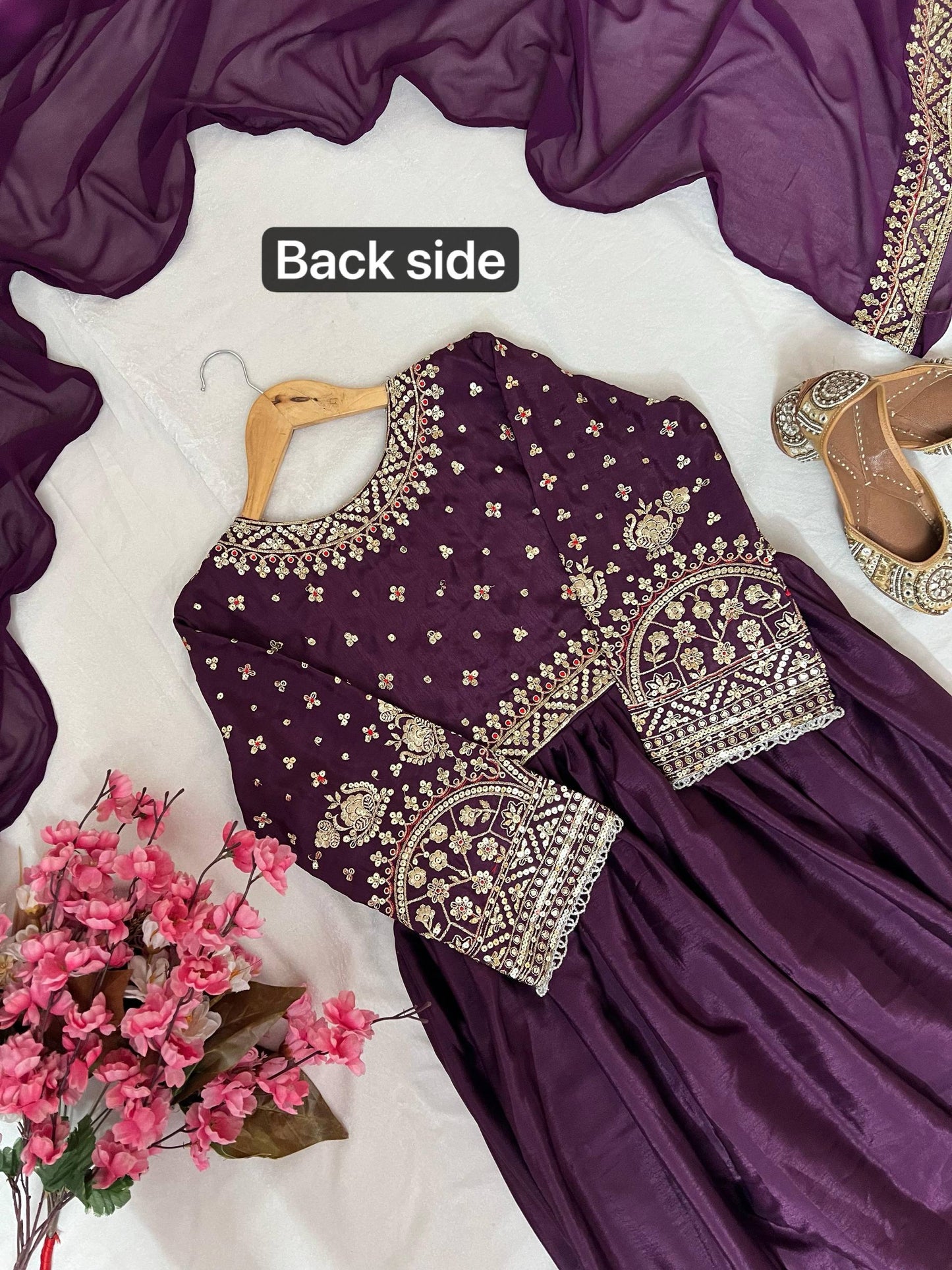Purple chinon silk zari embroidery work gown and dupatta