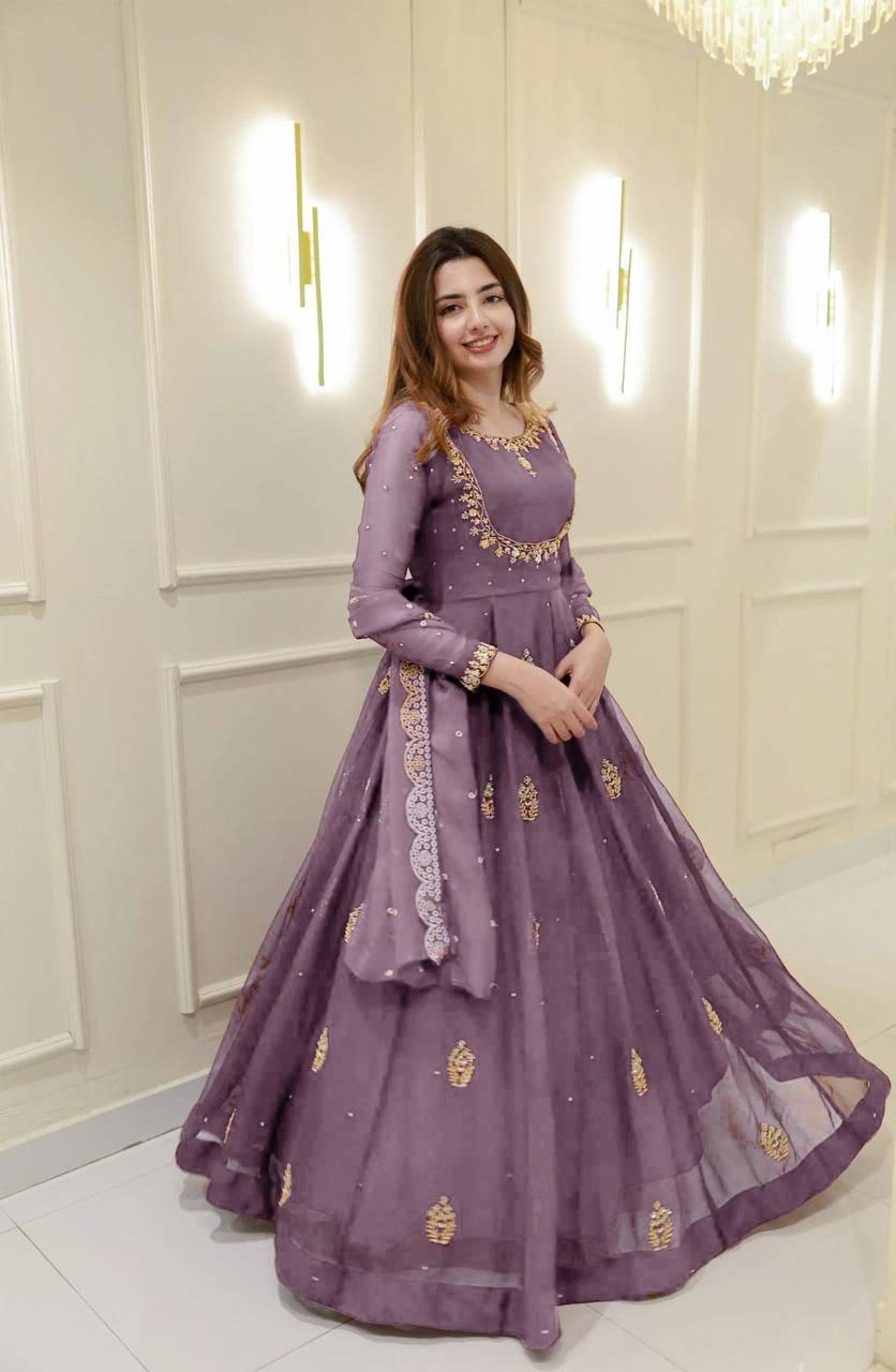 Elegant Two Piece Gown Dupatta Set with Exclusive Sequence Embroidery Design
