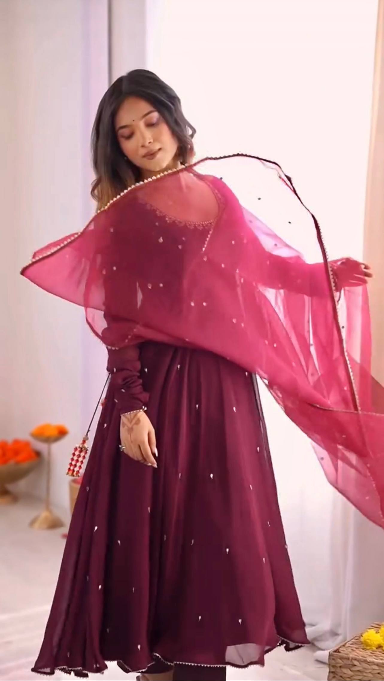Purple georgette with embroidery sequence work fully stitched & ready to wear
