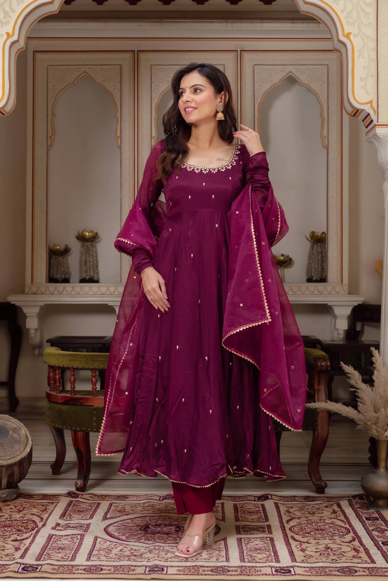 Maroon georgette with embroidery sequence work fully stitched & ready to wear