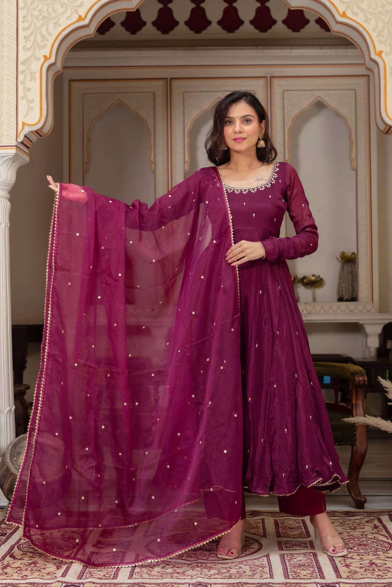 Maroon georgette with embroidery sequence work fully stitched & ready to wear
