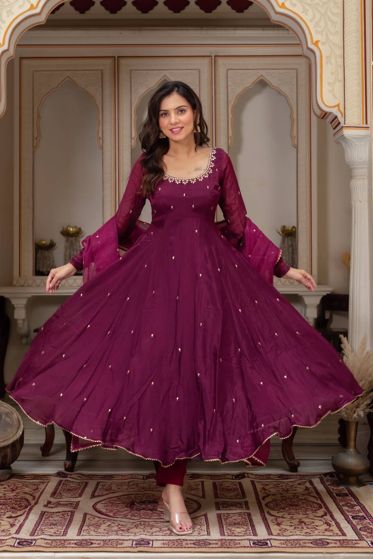 Maroon georgette with embroidery sequence work fully stitched & ready to wear