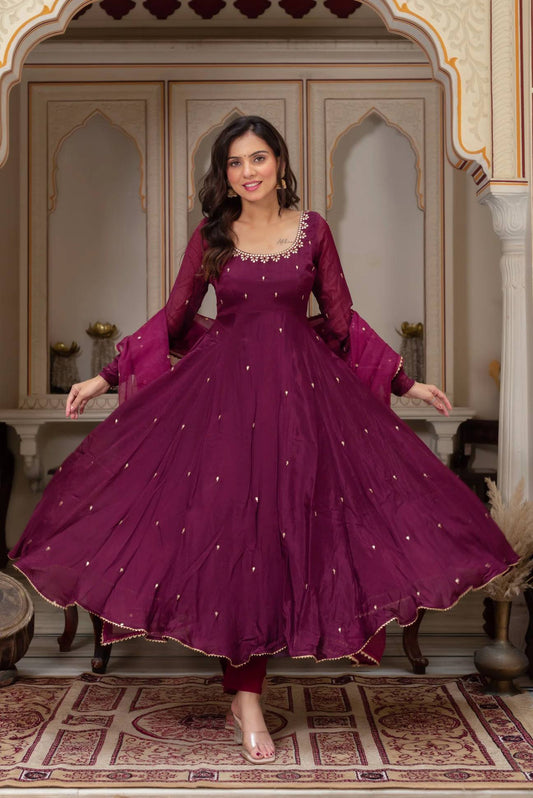 Maroon georgette with embroidery sequence work fully stitched & ready to wear
