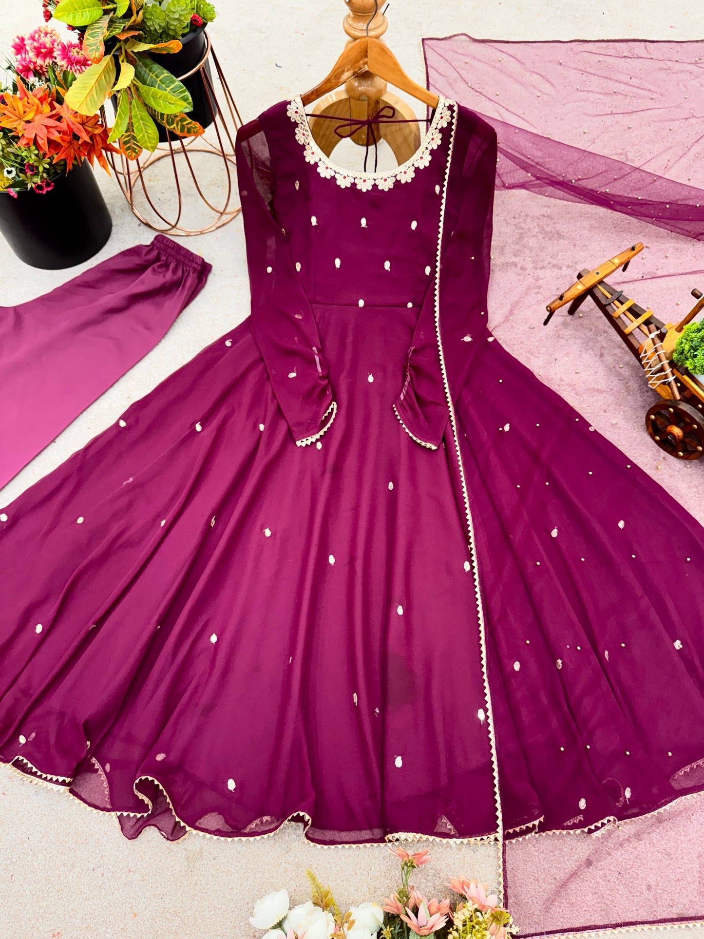 Maroon georgette with embroidery sequence work fully stitched & ready to wear