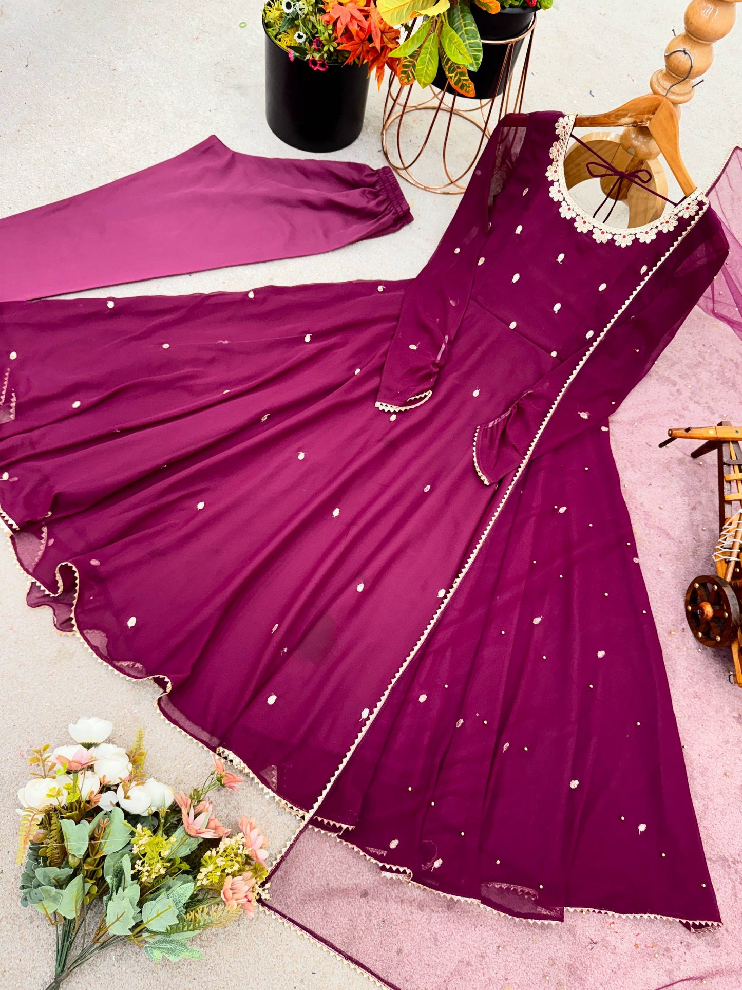 Maroon georgette with embroidery sequence work fully stitched & ready to wear