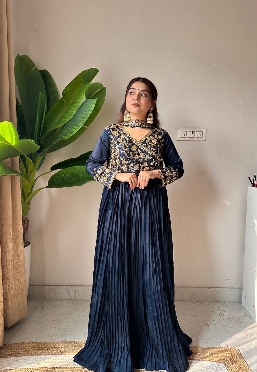 Navy blue blooming vichitra sequence embroidery work kurti bottom and dupatta
