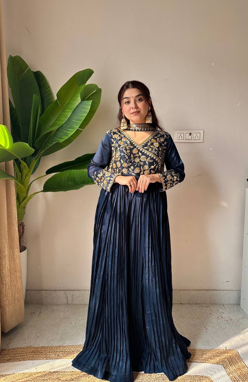 Navy blue blooming vichitra sequence embroidery work kurti bottom and dupatta