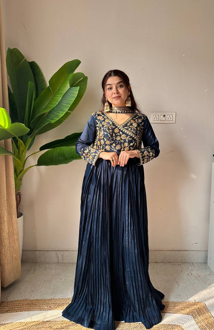 Navy blue blooming vichitra sequence embroidery work kurti bottom and dupatta