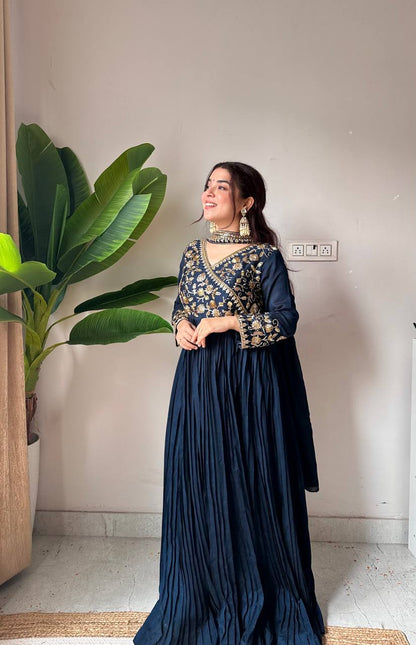 Navy blue blooming vichitra sequence embroidery work kurti bottom and dupatta