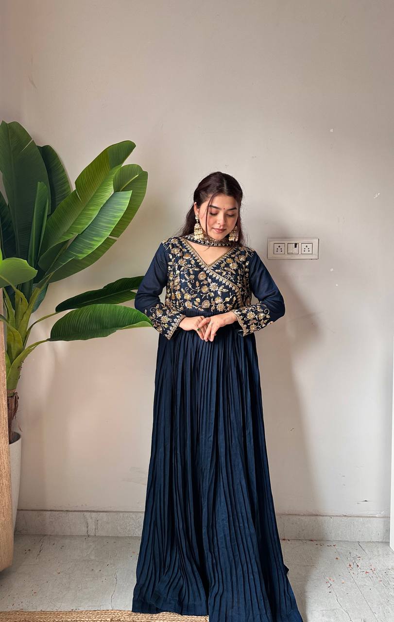 Navy blue blooming vichitra sequence embroidery work kurti bottom and dupatta