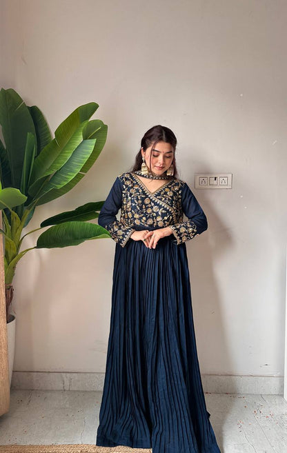 Navy blue blooming vichitra sequence embroidery work kurti bottom and dupatta