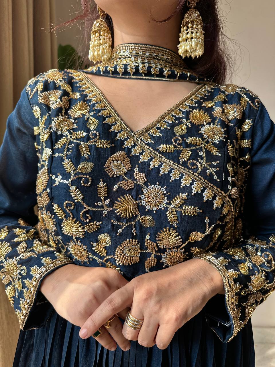 Navy blue blooming vichitra sequence embroidery work kurti bottom and dupatta
