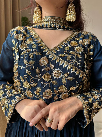 Navy blue blooming vichitra sequence embroidery work kurti bottom and dupatta