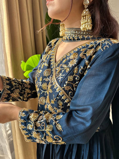 Navy blue blooming vichitra sequence embroidery work kurti bottom and dupatta