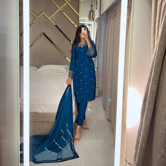 Designer Exclusive 3 Piece Suit Beads Work Kurti Pant Organza Dupatta