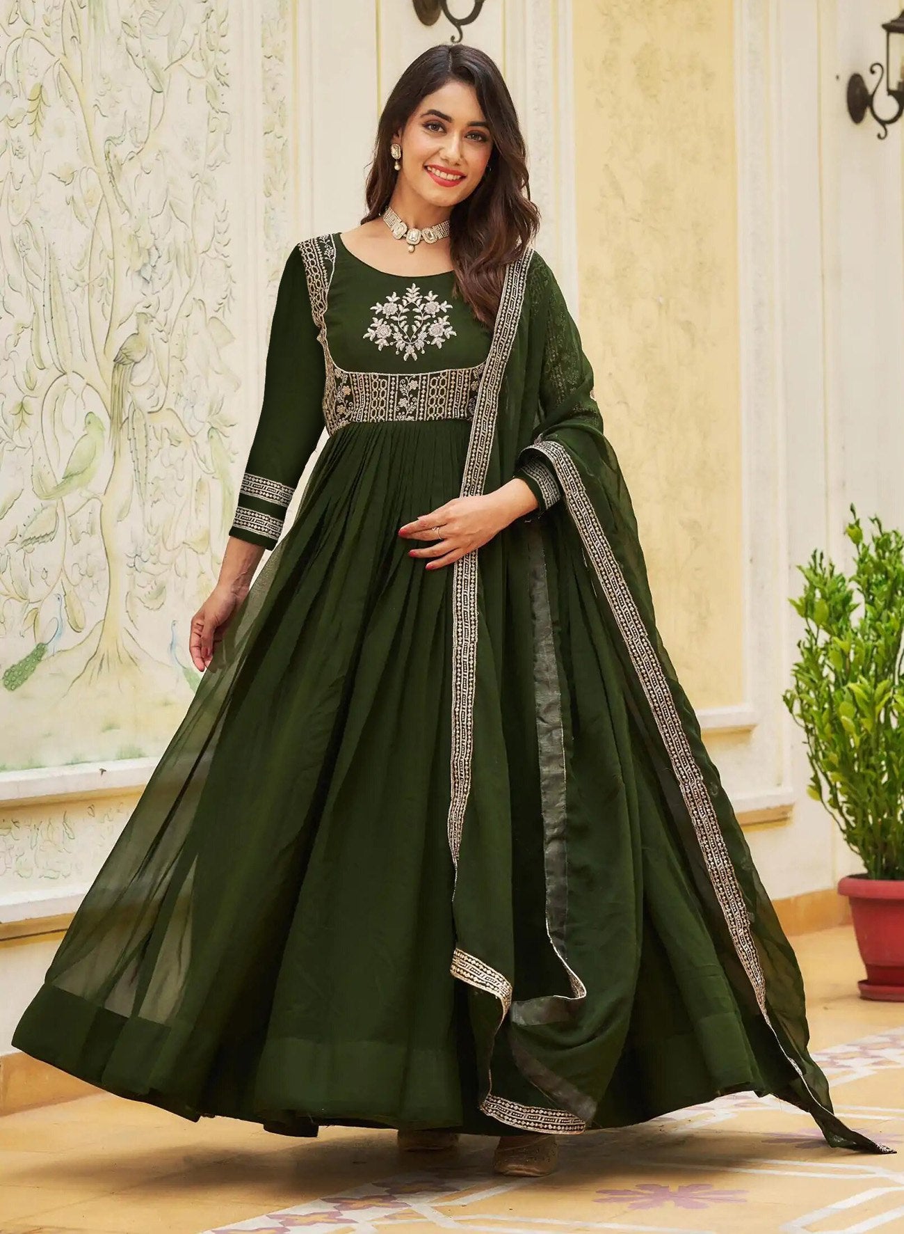 Georgette Embroidered Stitched Anarkali Gown Mehandi Khanak Festive Women Wear
