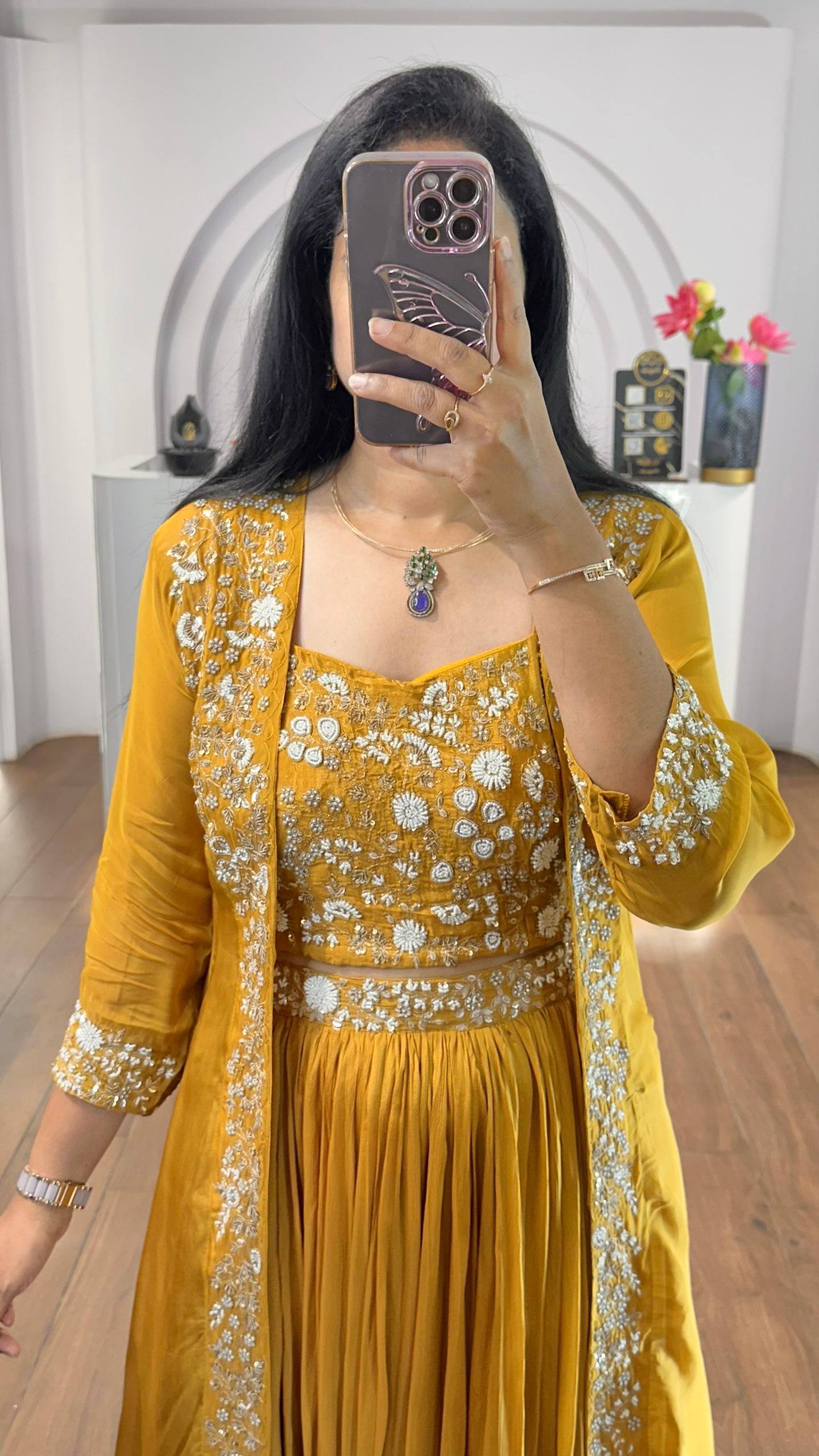 Yellow faux georgette sequins embroidery lehenga-shrug and blouse set