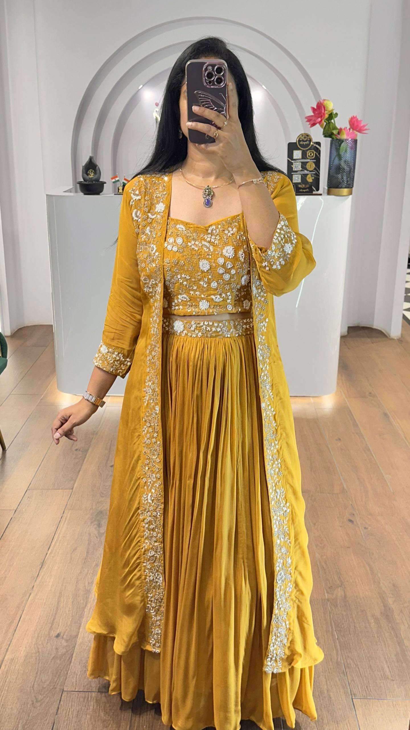 Yellow faux georgette sequins embroidery lehenga-shrug and blouse set