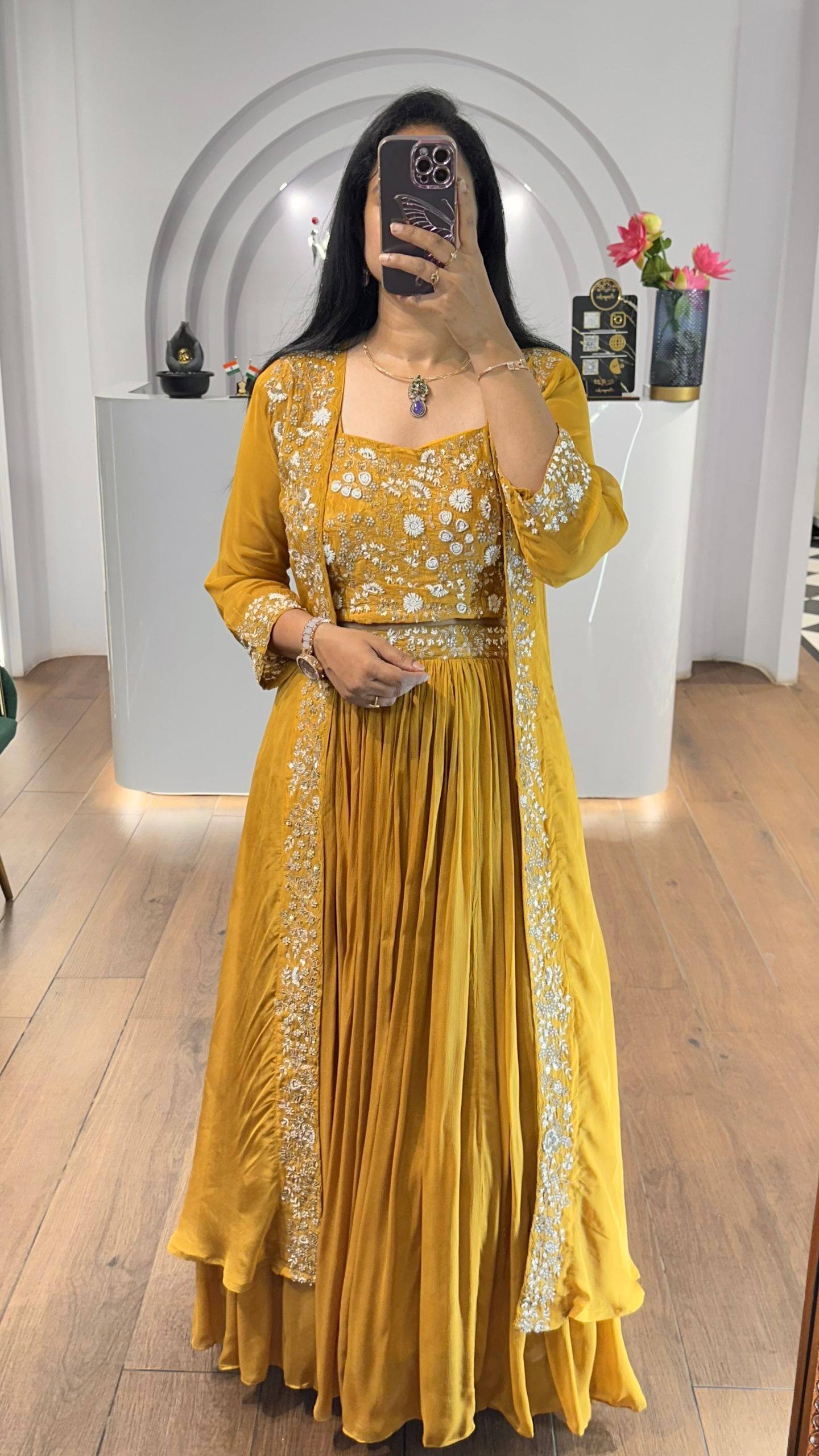 Yellow faux georgette sequins embroidery lehenga-shrug and blouse set